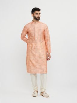 Twamev - Peach Art Silk Print Thread Embroidery Kurta Churidar for Men (Set of 2)