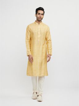 Twamev - Yellow Art Silk Print Thread Embroidery Kurta Churidar for Men (Set of 2)