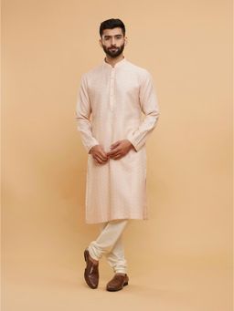 Twamev - Peach Chanderi Thread Embroidery Kurta Churidar for Men (Set of 2)