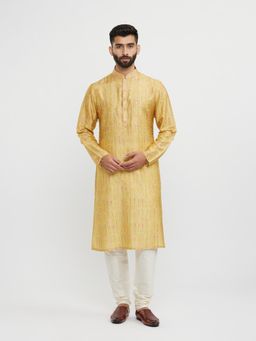 Twamev - Yellow Art Silk Solid Kurta Churidar for Men (Set of 2)