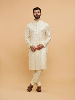Twamev - Cream Brocade Solid Kurta Churidar for Men (Set of 2)