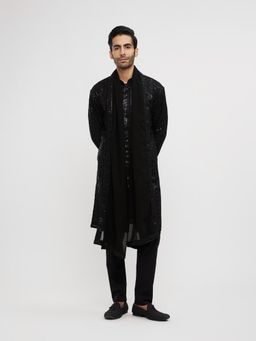 Twamev - Black Georgette Thread Embroidery Kurta Churidar with Dupatta for Men (Set of 3)