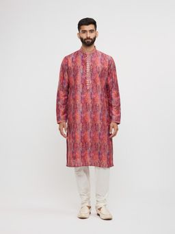 Twamev - Pink Blended Viscose Printed Thread Embroidery Kurta Trouser for Men (Set of 2)