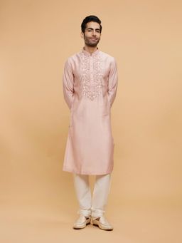 Twamev - Peach Blended Rayon Thread Embroidery Kurta Churidar for Men (Set of 2)
