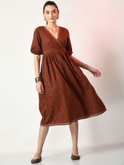 MYSHKA - Women Rust Empire Printed Dress