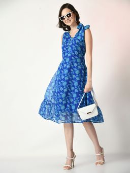 MYSHKA - Women Blue Fit and Flare Printed Dress