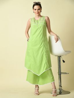 MYSHKA - Women Green Embroidered Kurta with Palazzo (Set of 2)
