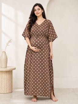 Secret Wish - Brown Polka Dots Rayon Maternity Kaftan