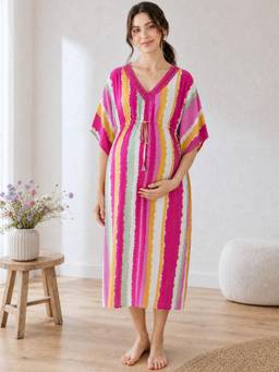 Secret Wish - Multi Colour Striped Rayon Maternity Kaftan