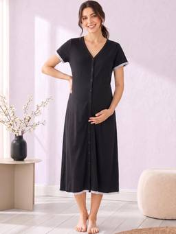 Secret Wish - Black Solid Hosiery Zipless Maternity Night Dress
