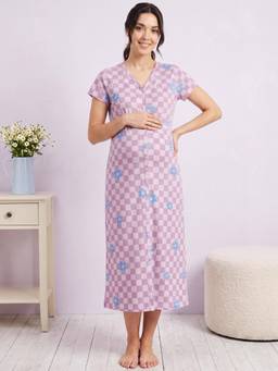 Secret Wish - Gingham Floral Print Hosiery Zipless Maternity Night Dress