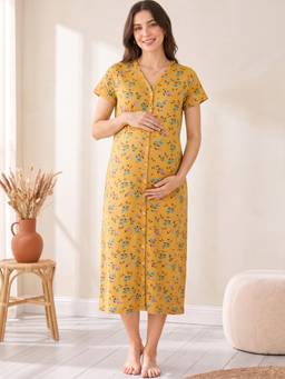 Secret Wish - Mustard Floral Hosiery Zipless Maternity Night Dress