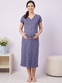 Secret Wish - Blue Floral Hosiery Zipless Maternity Night Dress