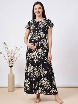Secret Wish - Black Floral Rayon Zipless Maternity Nighty
