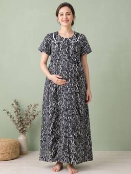 Secret Wish - Black Printed Rayon Zipless Maternity Nighty