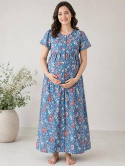 Secret Wish - Blue Floral Cotton Zipless Maternity Nighty