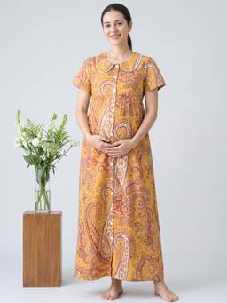 Secret Wish - Mustard Floral Cotton Zipless Maternity Nighty