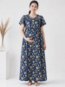 Secret Wish - Navy Blue Floral Cotton Zipless Maternity Nighty