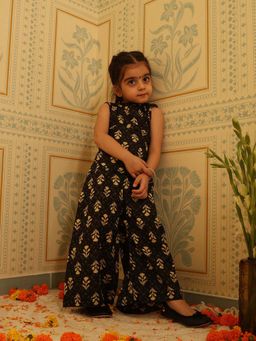 PUDDLE FASHION - Black Printed Cotton Sleeveless Kurta & Sharara (Set of 2)