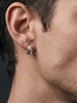 TOUCH925 - Engraved Leaf Motif 925 Silver Huggie Hoop Earring for Men