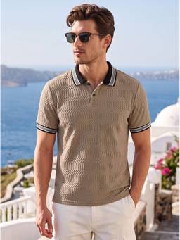 TOM MILTON - Beige Textured Polyester Regular Fit Polo T-Shirt
