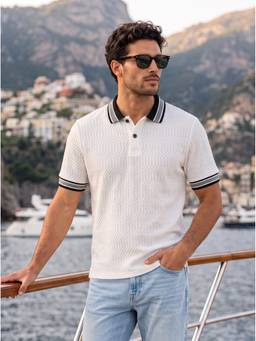 TOM MILTON - White Textured Polyester Regular Fit Polo T-Shirt