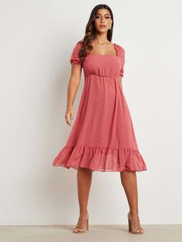 Styli - Pink Plain Puff Sleeves Dobby Midi Dress