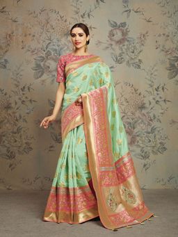 Odette - Pastel Green Weaved Jacquard Silk Designer Saree with Unstitched Blouse