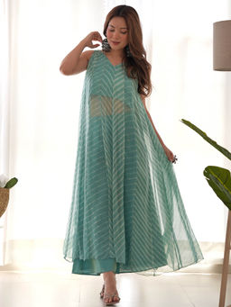 Rangpur - Fern Green Printed Leheriya Anarkali Kurta with Palazzo (Set of 2)