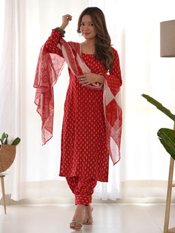 Rangpur - Red Block Printed Kurta with Salwar and Dupatta (Set of 3)