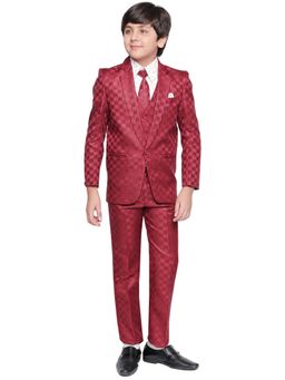 Jeetethnics - Boys Maroon Checked Coat Suit With Waistcoat Shirt And Trousers (Set of 5)