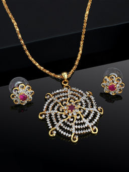 Estele - Gold Plated CZ Dazzling Flower Shaped Pendant Necklace for Women (Set of 2)