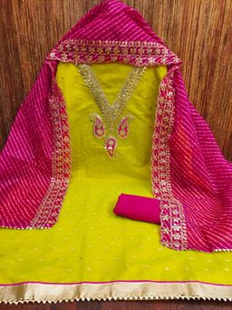 Zeepkart - Parrot Green Chanderi Embroidered Unstitched Dress Material (Set of 3)