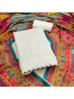 Zeepkart - Off White Georgette Embroidered Unstitched Dress Material (Set of 3)