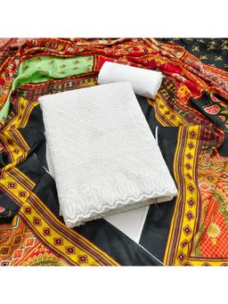 Zeepkart - White Georgette Embroidered Unstitched Dress Material (Set of 3)