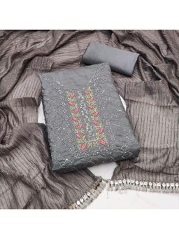 Zeepkart - Grey Silk Embroidered Unstitched Dress Material (Set of 3)