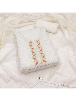 Zeepkart - Off White Silk Embroidered Unstitched Dress Material (Set of 3)