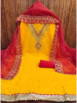 Zeepkart - Mustard Chanderi Embroidered Unstitched Dress Material (Set of 3)