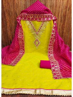 Zeepkart - Parrot Green Chanderi Embroidered Unstitched Dress Material (Set of 3)