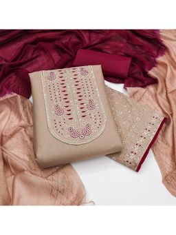 Zeepkart - Cream Cotton Embroidered Unstitched Dress Material (Set of 3)