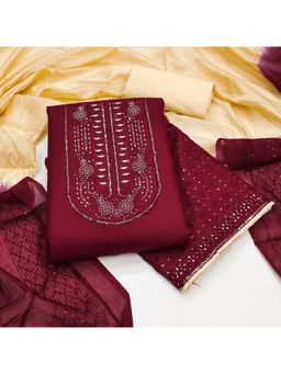 Zeepkart - Red Cotton Embroidered Unstitched Dress Material (Set of 3)