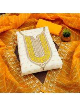 Zeepkart - Yellow Chanderi Cotton Embroidered Unstitched Dress Material (Set of 3)