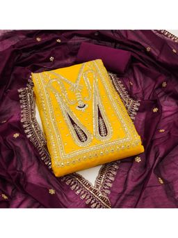 Zeepkart - Yellow Chanderi Cotton Embroidered Unstitched Dress Material (Set of 3)