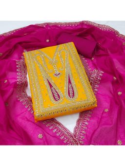 Zeepkart - Mustard Chanderi Cotton Embroidered Unstitched Dress Material (Set of 3)