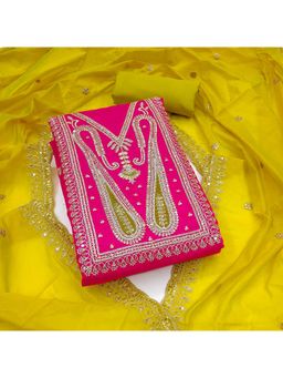 Zeepkart - Pink Chanderi Cotton Embroidered Unstitched Dress Material (Set of 3)