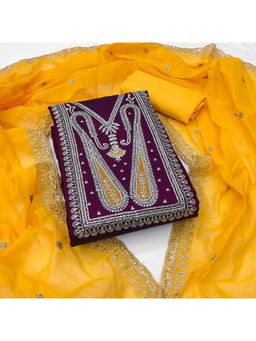 Zeepkart - Wine Chanderi Cotton Embroidered Unstitched Dress Material (Set of 3)