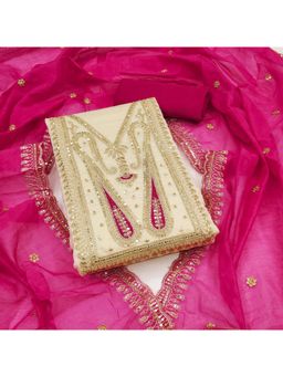 Zeepkart - Cream Chanderi Cotton Embroidered Unstitched Dress Material (Set of 3)