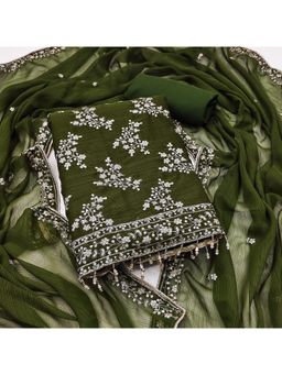 Zeepkart - Green Silk Embellished Unstitched Dress Material (Set of 3)