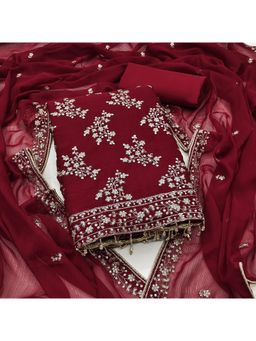 Zeepkart - Maroon Silk Embellished Unstitched Dress Material (Set of 3)
