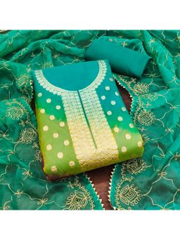 Zeepkart - Green Organza Embroidered Unstitched Dress Material (Set of 3)